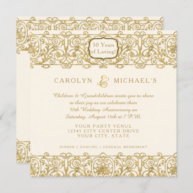 Art Deco Nouveau 50th Golden Anniversary Cream Invitation (Front/Back)