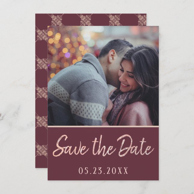 Art Deco Nouveau | Burgundy Rose Gold Blush Photo Save The Date (Front/Back)