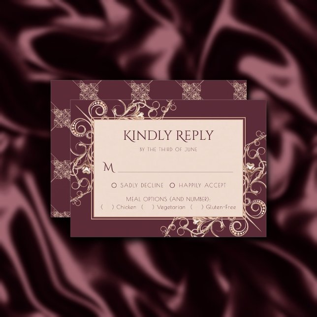 Art Deco Nouveau | Burgundy Rose Gold Ornamental RSVP Card (Creator Uploaded)