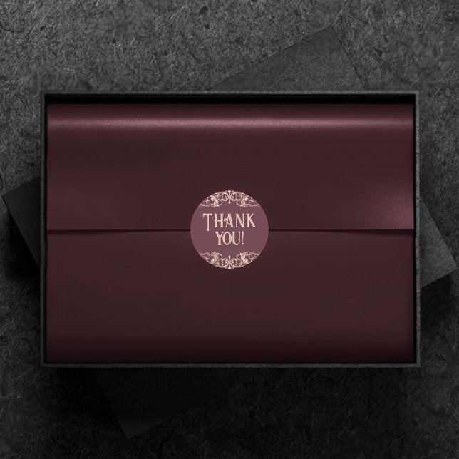Art Deco Nouveau | Burgundy Rose Gold Thank You Classic Round Sticker (Creator Uploaded)