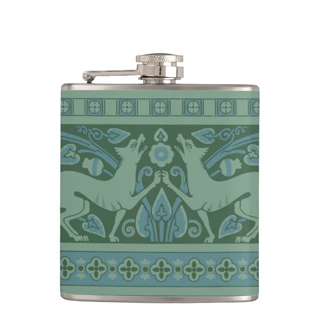 Art Deco Nouveau Dog Nature Animal Pattern Hip Flask (Front)