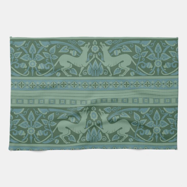 Art Deco Nouveau Dog Nature Animal Pattern Tea Towel (Horizontal)