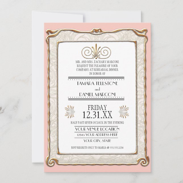 Art Deco Nouveau Elegant Gold Lace Rehearsal Invitation (Front)
