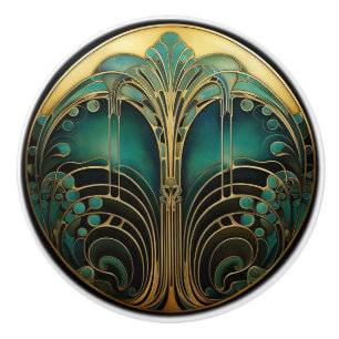  Art Deco Nouveau Elegant Turquoise Gold  Black  Ceramic Knob