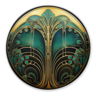 Art Deco Nouveau Elegant Turquoise Gold Black Ceramic Knob