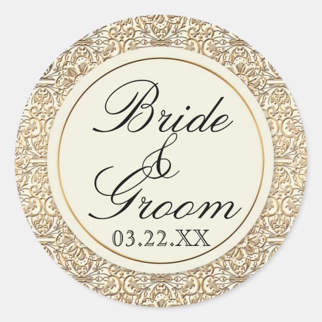 Art Deco Nouveau Faux Gold Floral Damask Lace Classic Round Sticker (Front)