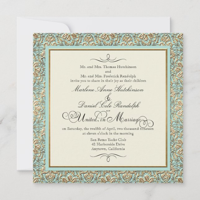 Art Deco Nouveau Faux Gold Floral Damask Lace Invitation (Front)