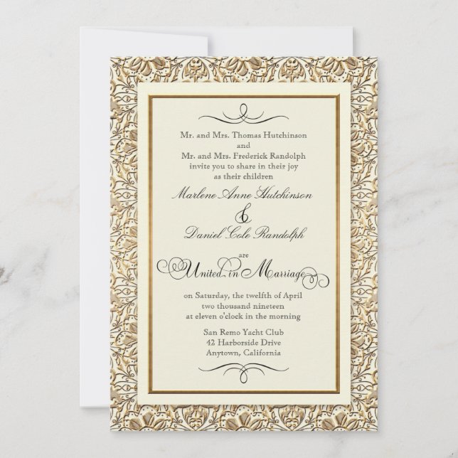 Art Deco Nouveau Faux Gold Floral Damask Lace Invitation (Front)