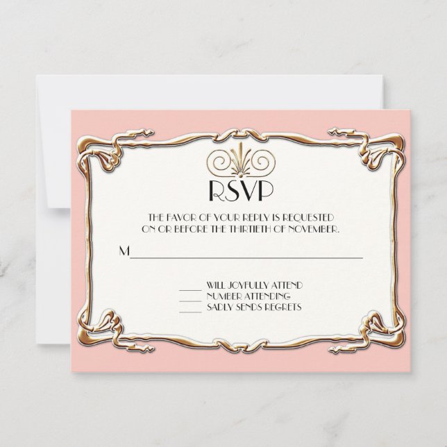 Art Deco Nouveau Gatsby Style Gold n Lace Look RSVP Card (Front)