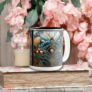 Art Deco Nouveau Gold Teal Black   Two-Tone Coffee Mug