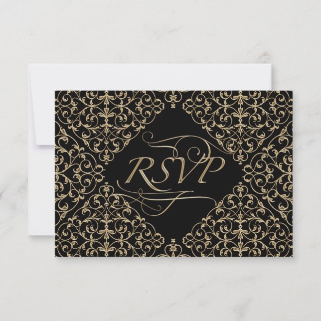 Art Deco Nouveau Lace Damask Golden Calligraphy RSVP Card (Front)