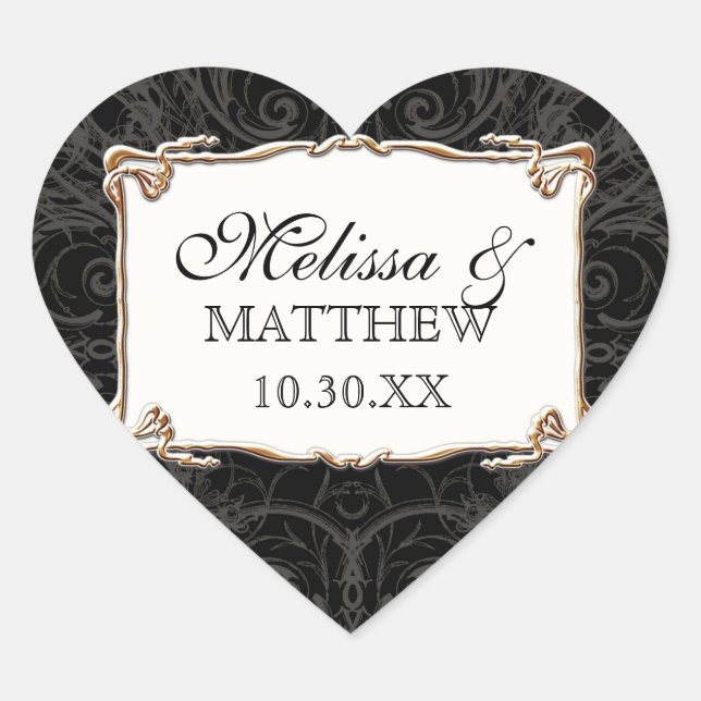 Art Deco Nouveau Lace n Gold Look Personalised Heart Sticker (Front)