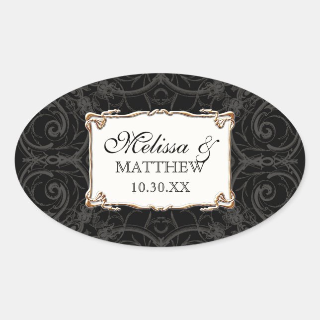 Art Deco Nouveau Lace n Gold Look Personalised Oval Sticker (Front)