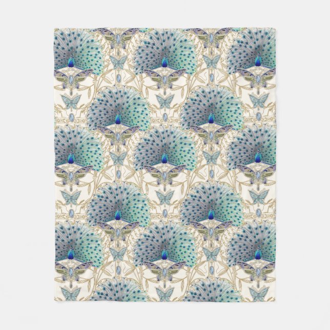 Art Deco Nouveau Peacock Butterfly Ivory and Gold  Fleece Blanket (Front)