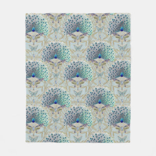 Art Deco Nouveau Peacock Butterfly Light Blue Gold Fleece Blanket