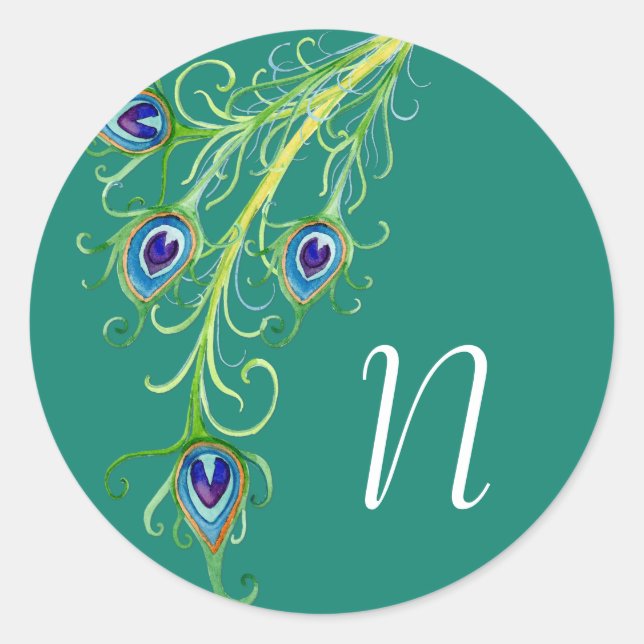 Art Deco Nouveau Style Peacock Feathers Swirl Classic Round Sticker (Front)