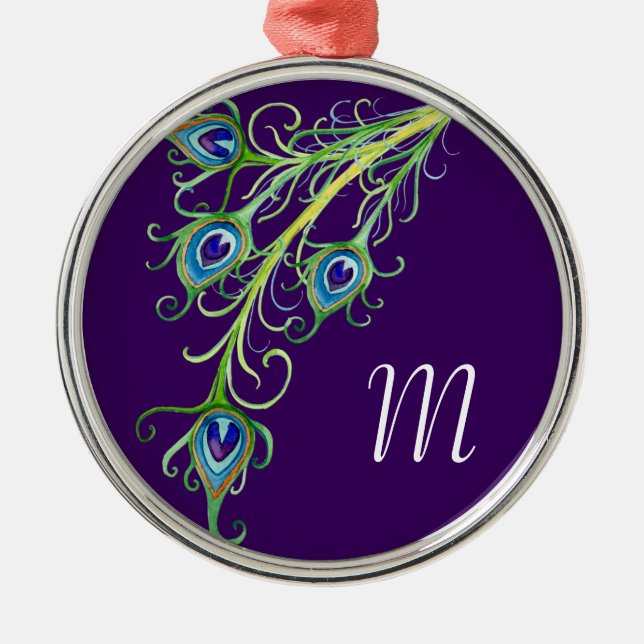 Art Deco Nouveau Style Peacock Feathers Swirl Metal Tree Decoration (Front)