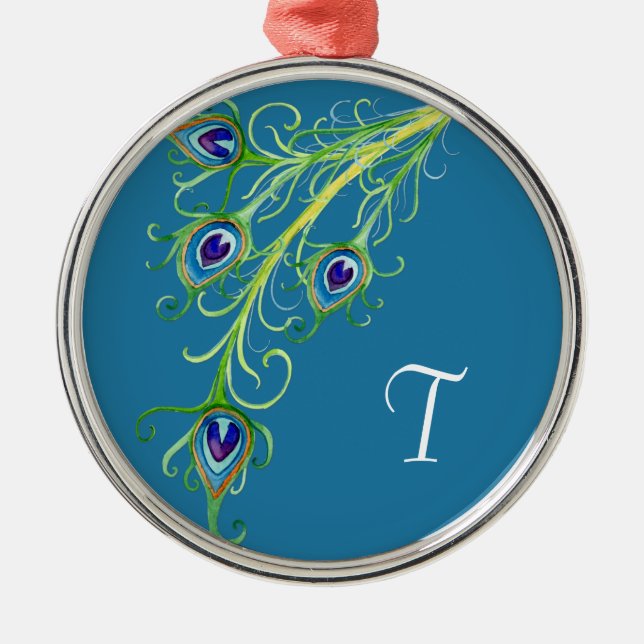 Art Deco Nouveau Style Peacock Feathers Swirl Metal Tree Decoration (Front)