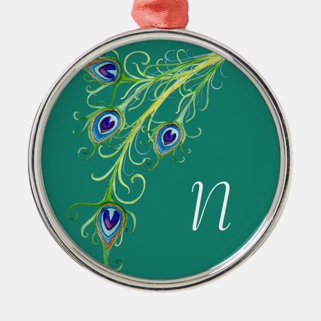 Art Deco Nouveau Style Peacock Feathers Swirl Metal Tree Decoration (Front)
