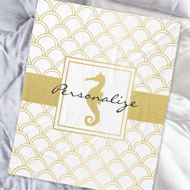 Art Deco Ocean Wave Gold Seahorse Beach House Fleece Blanket (Creator Uploaded)
