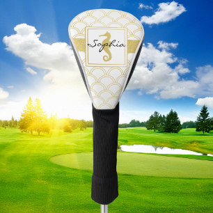 Art Deco Ocean Wave Patten Gold Glitter Seahorse Golf Head Cover