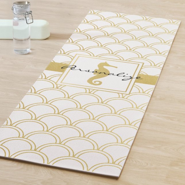 Art Deco Ocean Wave Patten Gold Glitter Seahorse Yoga Mat (Creator Uploaded)