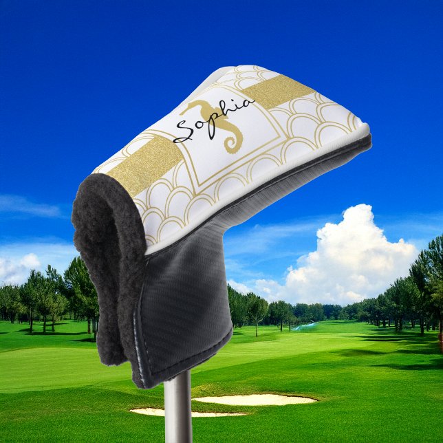 Art Deco Ocean Wave Patten Gold Seahorse Beach Golf Head Cover (Creator Uploaded)
