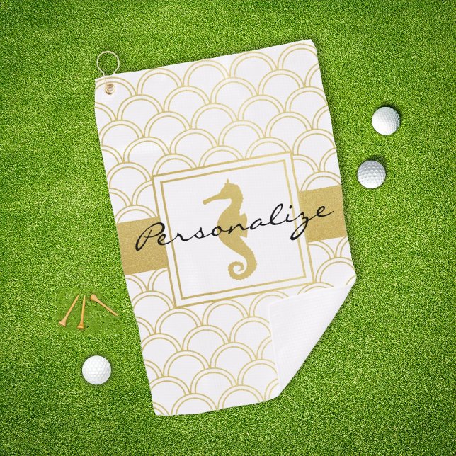 Art Deco Ocean Wave Pattern Gold Glitter Seahorse Golf Towel (Creator Uploaded)