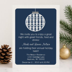 Art Deco Ornament Christmas Party Invite, Blue Invitation