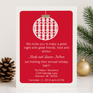 Art Deco Ornament Christmas Party Invite, Red Invitation