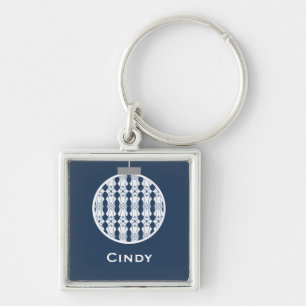 Art Deco Ornament Holiday Keychain, Dark Blue Key Ring