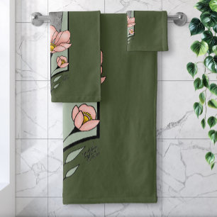 Art Deco Ostrich Flowers Green Bath Towel Set