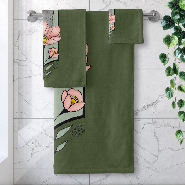 Art Deco Ostrich Flowers Green Bath Towel Set (Creator Uploaded)