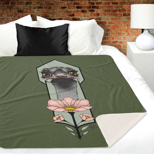 Art Deco Ostrich Flowers Green Sherpa Blanket (Creator Uploaded)
