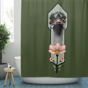 Art Deco Ostrich Flowers Green Shower Curtain