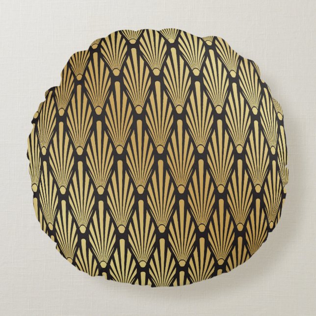Art Deco Palms: Black Gold. Round Cushion (Front)