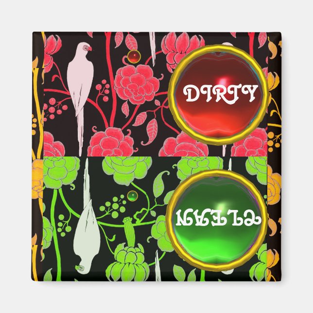 ART DECO PARROTS, RED GREEN FLOWERS  DIRTY CLEAN MAGNET (Front)