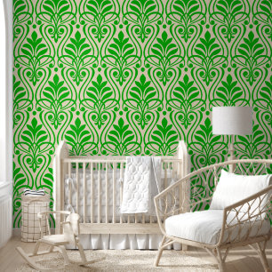 Art Deco Pattern 01 - Dark Lime Green on Off-White Wallpaper