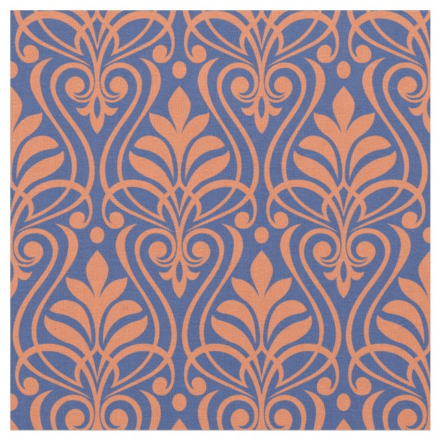 Art Deco Pattern 01 - Orange on Prussian Blue Fabric (Close Up)