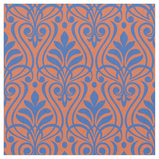 Art Deco Pattern 01 - Prussian Blue on Orange Fabric (Close Up)