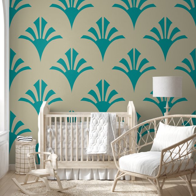 Art Deco Pattern 02 - Teal on Off-White Wallpaper (Kids)
