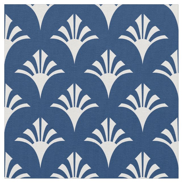 Art Deco Pattern 02 - White on Dark Azure Fabric (Close Up)