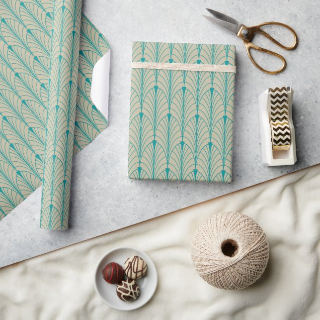 Art Deco Pattern 04 - Teal on Off-White Wrapping Paper (Crafts)