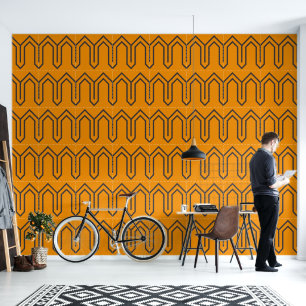 Art Deco Pattern 05 - Deco Black on Vivid Gamboge Wallpaper