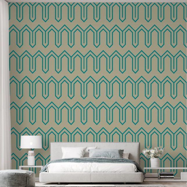 Art Deco Pattern 05 - Teal on Off-White Wallpaper (Bedroom)