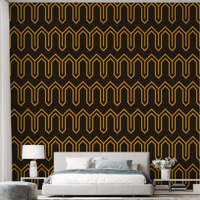Art Deco Pattern 05 - Vivid Gamboge on Deco Black Wallpaper (Bedroom)