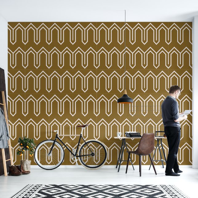 Art Deco Pattern 05 - White on Gold Fusion Wallpaper (Living Room)