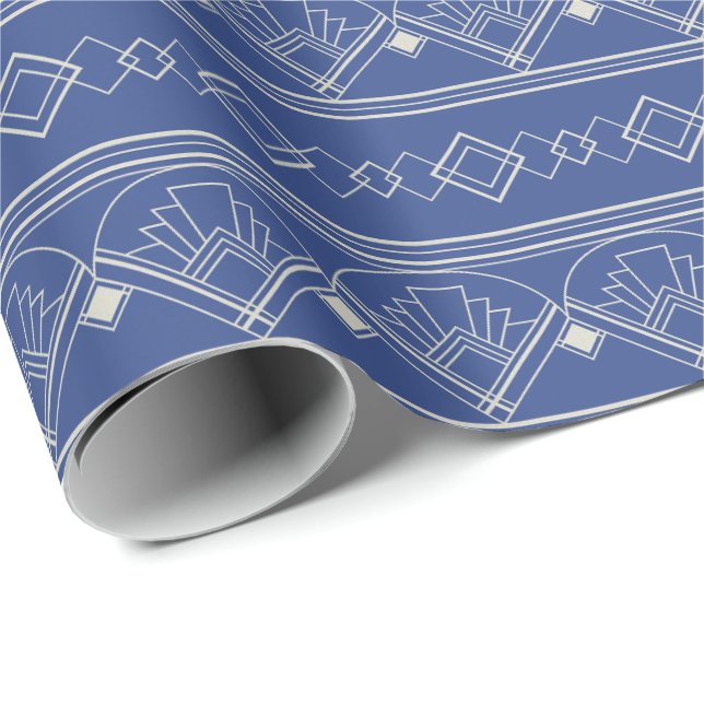 Art Deco Pattern 08 - Off-White on Prussian Blue Wrapping Paper (Roll Corner)