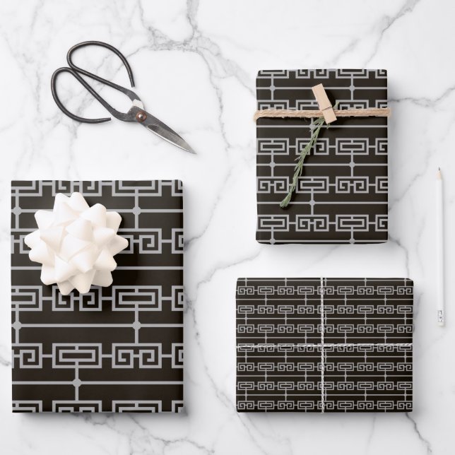 Art Deco Pattern 09 - Spanish Grey on Black Wrapping Paper Sheet (Front)