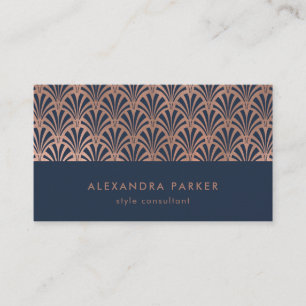 Art Deco Pattern   Faux Rose Gold on Midnight Blue Business Card